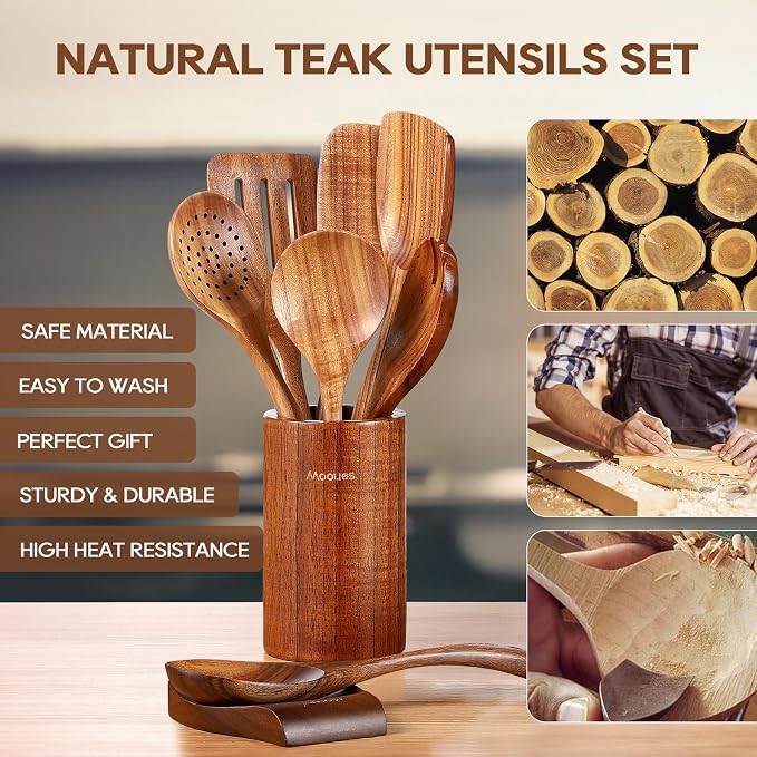 Mooues Wooden Kitchen Utensil Set, 9 Piece Natural Teak with Spoon Rest | Wooden Cooking Utensils with Comfort Grip, Smooth Durable Heat Resistant Cooking Spoons and Utensils Holder for Cooking - Image 2