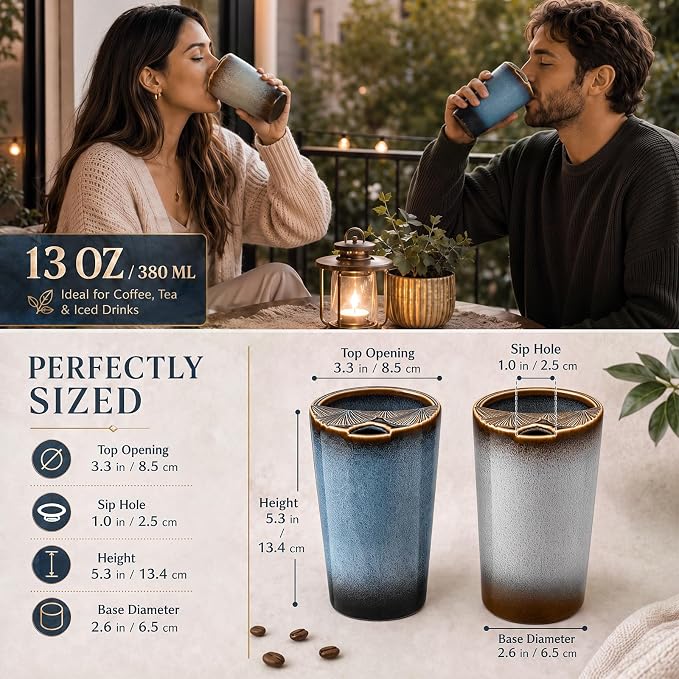 2 Pack Ceramic Coffee Mug with Sip Hole, Retro Espresso Cup 13 oz with 2 Straws and 2 Cleaning Brushes Ceramic Iced Coffee Tea Travel Mug Latte Cup for Kitchen Dining - Image 2