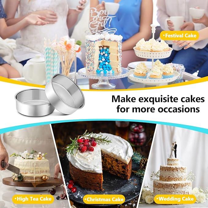 P&P CHEF 6 Inch Cake Pan Set of 2, Stainless Steel Round Baking Cake Pans | For Baking Serving, Non Toxic & Healthy, Leak-proof & Easy Clean, Mirror Finish & Easy Releasing, Oven & Dishwasher Safe - Image 5