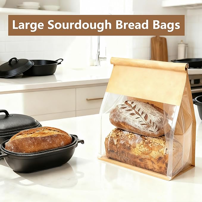 50 Pack Extra Large Paper Bread Bags for Homemade Bread Sourdough Bags, 12.2x10.6x6.1 Inches Resealable Tin Tie Tab Lock Bakery Loaf Bag with Window, Baked Goods Packaging for Gifting and Bake Sale - Image 5