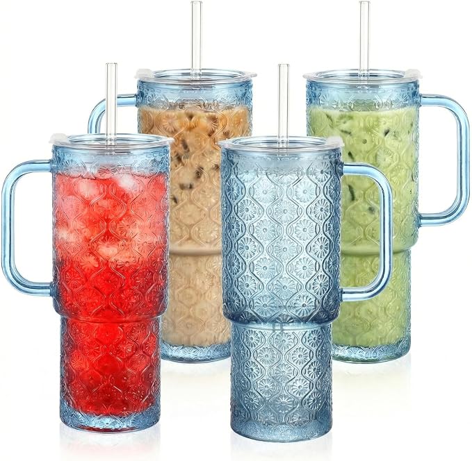 20 oz Blue Glass Tumbler with Lid and Straw, Glass Iced Coffee Cups, Spill-proof Glasses Tumbler with Handle, Hobnail Glasses Drinking Set of 4, Vintage Glassware for Cocktail, Smoothies by Unknown