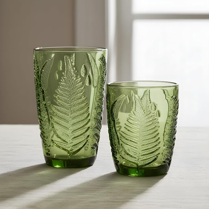 Green Drinking Glasses Set of 8 - 12 & 10 oz, Vintage Boho Fern Glass Cups | Hand-Pressed, Dishwasher Safe, Leaf-Textured Glassware, Colored Embossed Highball & Lowball Tumblers for Water, Retro Kitchen - Image 2