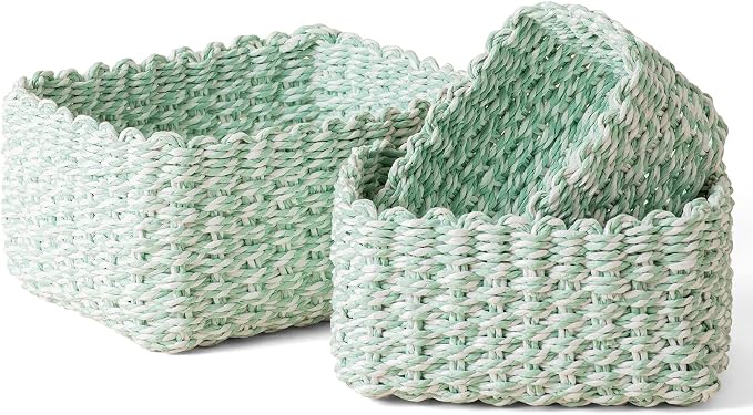 LA JOLIE MUSE Paper Rope Storage Baskets for Organizing, Recycled Wicker Storage Basket Container Bins for Shelves Cupboards Drawer, Small Woven Basket Set of 3 (Green White) by LaJol%C3%ADeMuse