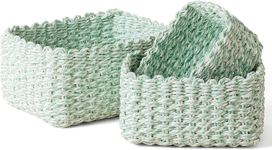 LA JOLIE MUSE Paper Rope Storage Baskets for Organizing, Recycled Wicker Storage Basket Container Bins for Shelves Cupboards Drawer, Small Woven Basket Set of 3 (Green White) by LaJol%C3%ADeMuse