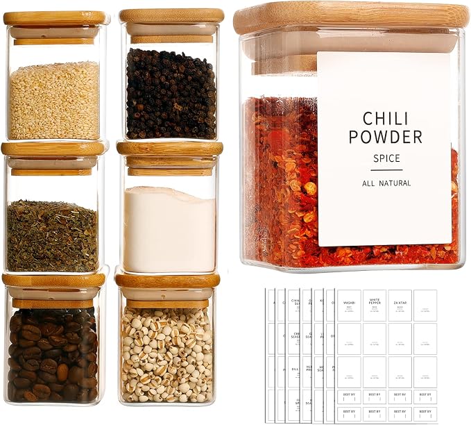 HHMJSM 12 Pcs Square Glass Spice Jars with Natural Bamboo Lids - 5oz Airtight Herb Containers with 148 Waterproof Minimalist Spice Labels Preprinted - Empty Small Seasoning Jars for Kitchen Pantry - Image 7