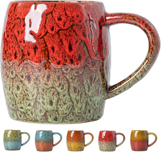 Handmade 22oz Ceramic Coffee Mug, Ergonomic Large Handle, Ideal Gift for Coffee Lovers, Microwave & Dishwasher Safe (Bas-Relief - Red&Green) by XIYUANJI