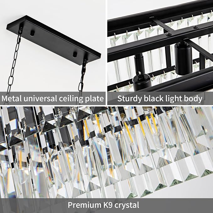 Black Crystal Chandelier for Dining Room Light Fixture Rectangle Modern Farmhouse Chandelier Contemporary Pendant for Kitchen Island Living Room Long Chandelier Rectangular Lighting - Image 6