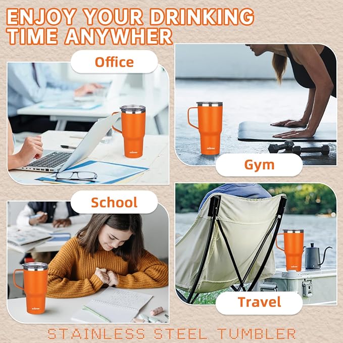 20 oz Insulated Coffee Mug with Ceramic Coating, Stainless Steel Travel Mug Tumbler with Handle Lid and Straw, Double Wall Leak-Proof Coffee Travel Mug Keeps Drink Hot and Cold (Orange) - Image 7