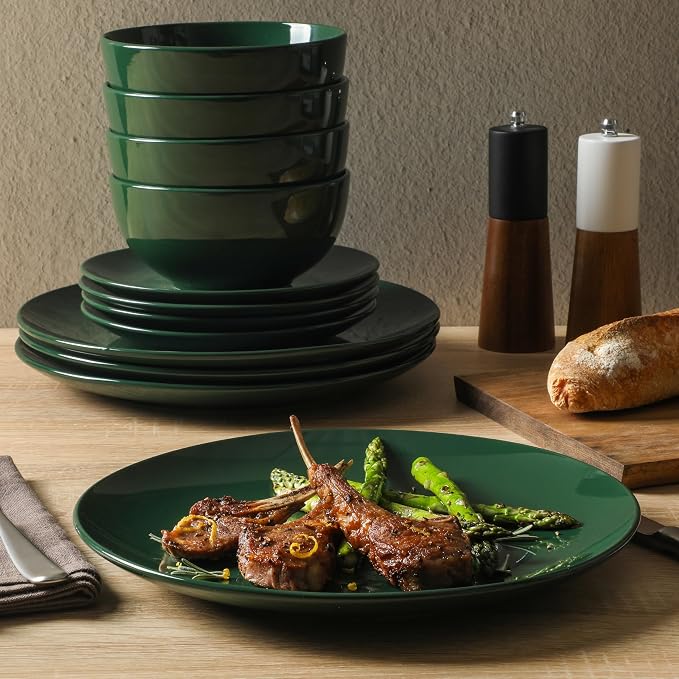 Gibson Home Simple Essential (Service for 4) 12 Piece Plates and Bowls Porcelain Solid Color Dishes Ceramic Dinnerware Set - Hunter Green - Image 4