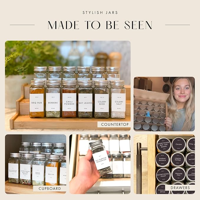 FINESSY Minimalist Spice Jars with Labels, Airtight Metal Lids 4oz 36 Pack | Empty Spice Jars With Sift / Pour Shaker Inserts, Airtight Lids, Waterproof Labels (200 Pre-Printed, 40 Blank) And Funnel - Image 5