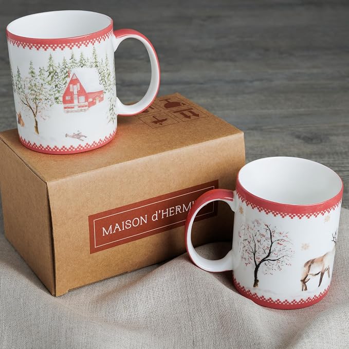 Maison d' Hermine Coffee Mug with Handles Tea Cups (12 Ounce, Pack of 2) | Fine Bone China Coffee Mugs for Hot Beverages Cappuccino Latte Home Restaurant Hotel Spring Summer -Rural Christmas - Image 8
