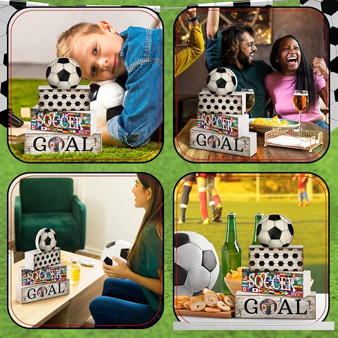 Moucuny 4 Pcs Soccer Table Decor Wooden Sport Tiered Tray Decor National Flags Table Centerpiece Decorative Classic Soccer Block Signs Gift Farmhouse Sports Decoration for Home Kitchen Shelf - Image 5
