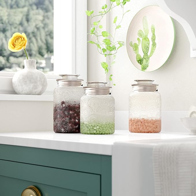 Le'raze Food Storage Containers with Airtight Lids - Retro Design - Pantry Organization, Glass Canisters Storage for Cookies, Tea, Sugar, Candy Jars, Sugar Packet, Set of 3 - Image 2