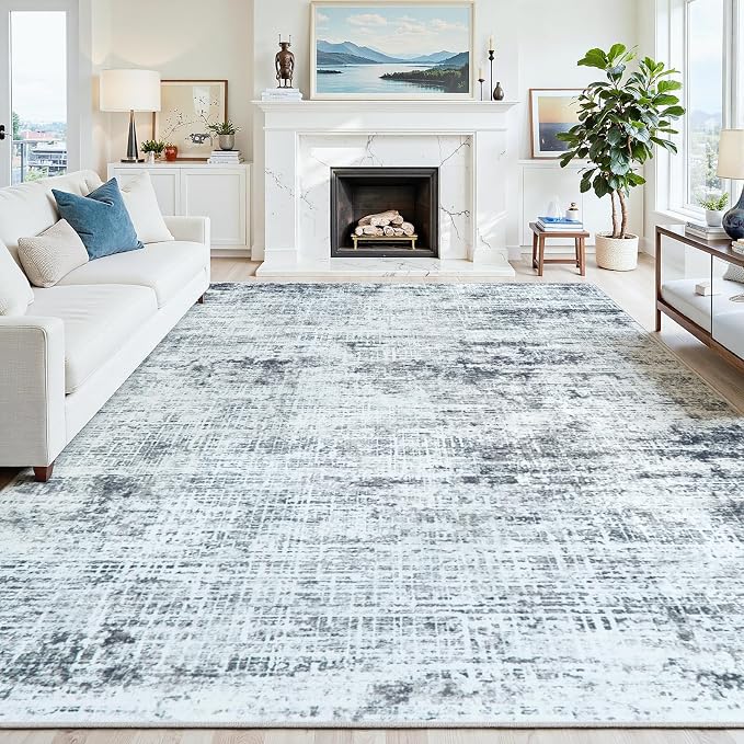 10x14 Washable Area Rug for Living Room Bedroom: Non-Slip Modern Black Grey | Machine Washable TPR Backing, Stain-Resistant Low Pile, Pet & Kid Friendly, Abstract Decor for Dining Room, Dorm, Home Office by Oriannal