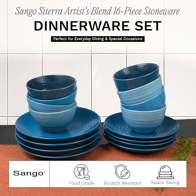 Sango Siterra Artist's Blend 16-Piece Stoneware Dinnerware Set – Service for 4, Ocean Blue Glossy Glaze with Unique Speckled Design, for Everyday Dining & Entertainment, Microwave & Dishwasher Safe - Image 2