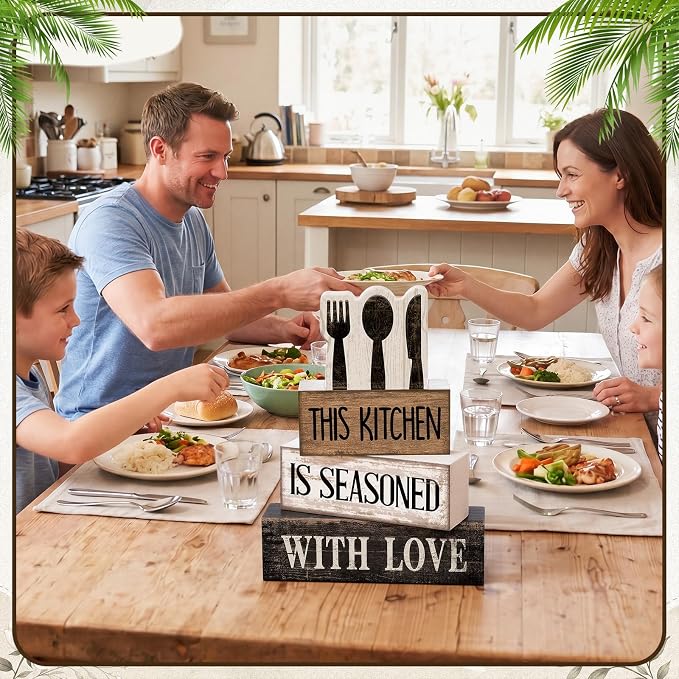 Moucuny 4 Pcs Farmhouse Kitchen Decor Rustic Spoon Fork Knife Wooden Stacked Block Decor Farmhouse Kitchen Table Centerpiece Rules Sign for Dining Room Cabinet Countertop Shelf Decoration - Image 4