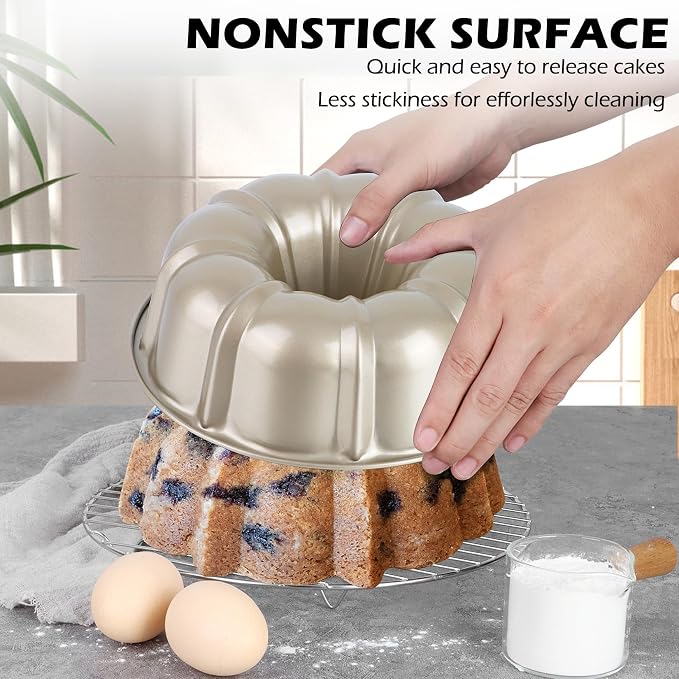 TeamFar 10 Inch Nonstick Cake Pan, 10 Cups Fluted Tube Cake Pan for Baking | Heavy Duty Carbon Steel Round Baking Tray for Making Jello/Monkey Bread/Chocoflan, Non Toxic, Easy Clean - Champagne Gold - Image 4