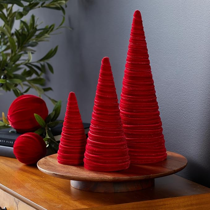 Your Heart's Content Red Velvet Trees Set of 3, Winter Wedding Centerpiece, Valentine Tabletop Tree Decor, Cozy Handmade Romantic Home Decor, Bookshelf Accent, Gift for (Red) - Image 2