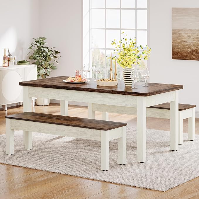 Tribesigns Farmhouse Kitchen Table Set for 4-6, 55-Inch Wooden Dining Table with 2 Benches, Space Saving 3 Pieces Heavy Duty Dinette for Dining Room, Kitchen, Small Space - Image 9