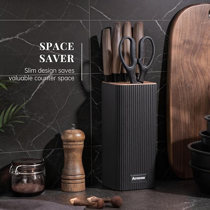 Astercook Knife Set, 6-Piece Kitchen Knife Set with Block, High Carbon Stainless Steel Ultra Sharp Kitchen Knives, Wood Grain Handle, Dishwasher Safe Knife Block Set, Black, Kitchen Utility Knives - Image 3