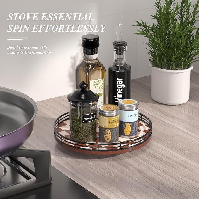 AMH 10-Inch Brown Checkerboard Lazy Susan Organizer with Black Metal Rail | Smooth rotating oak tray with walnut finish for dining tables, kitchen counters, pantries and cabinet storage. - Image 3