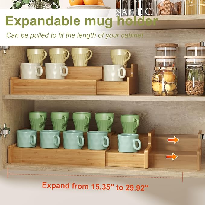 Hongtamoya 2-Tier Expandable Bamboo Mug Holder Coffee Mug Rack Organizer for Countertop, Multi-Functional Mug Display Shelf for Coffee Bar, Kitchen, and Home (15.35"~29.92") - Image 6