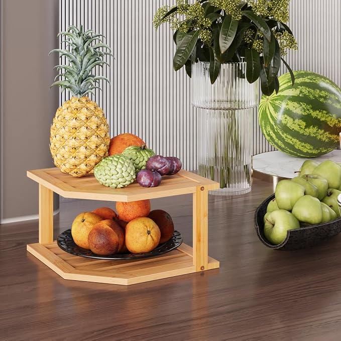 VERTORGAN 2 Tier Bamboo Plate Organizer,Corner Shelf for Kitchen | Pantry Storage,Dish Rack,Spice Rack,Corner Organizer,Kitchen Counter Shelves,Kitchen Storage,Holds Plates - Image 6