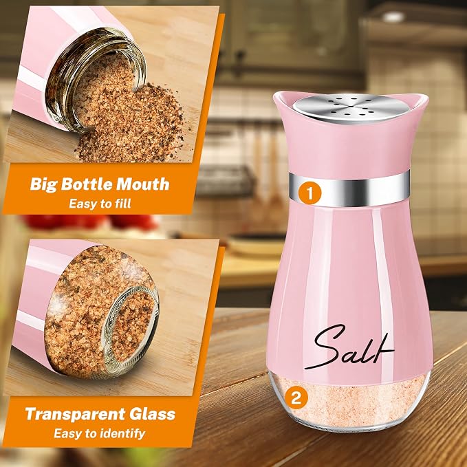 Salt and Pepper Shakers - 4 oz Pink Glass Set with Stainless Steel Lids | Refillable Glass Shakers with Stainless Steel Lids for Cooking, Dining, RV Trips, Camping and BBQs; 4 oz Capacity Each. - Image 3