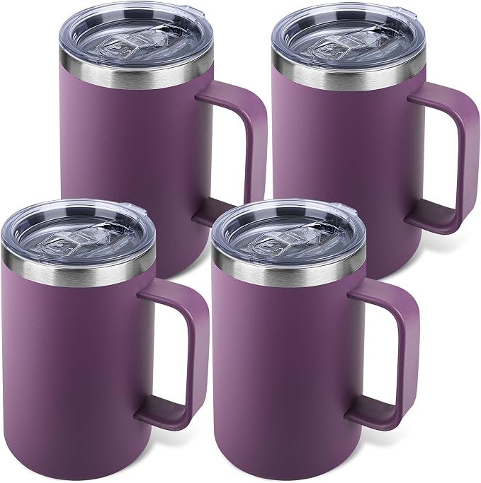 22oz Insulated Coffee Mug with Handle & Leak-Proof Lid - Double Wall Stainless Steel Travel Tumbler Bulk for Commute/Office/Home, Purple, 4 Pack by Unknown