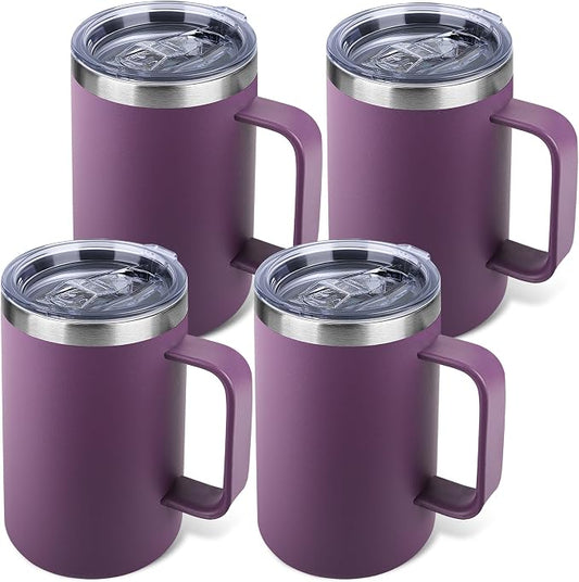 22oz Insulated Coffee Mug with Handle & Leak-Proof Lid - Double Wall Stainless Steel Travel Tumbler Bulk for Commute/Office/Home, Purple, 4 Pack by Unknown