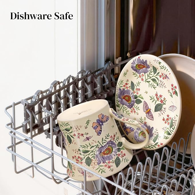 DOWAN 14 OZ Tea Cup & Saucer Set, Floral Mug with Lid, Ceramic Cappuccino/Latte Mug for Women, One Set - Image 8