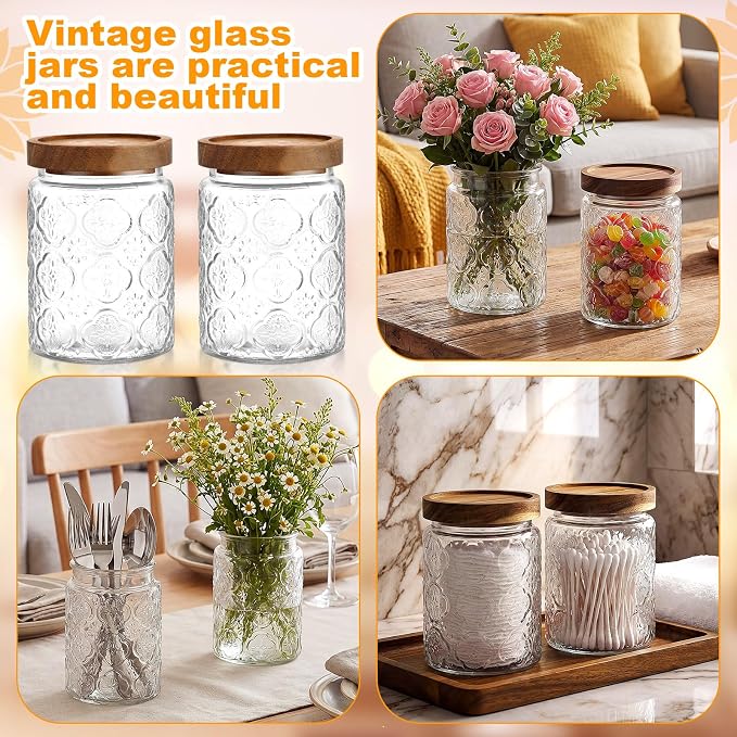 LemonRoad 4 Pcs Vintage Clear Glass Storage Jars 23.7 oz Mason Jar Canister with Wood Lids Food Storage Container for Cookie, Pantry, Candy Kitchen, Coffee, Tea, Flour, Sugar, Decorative Home Decor - Image 5
