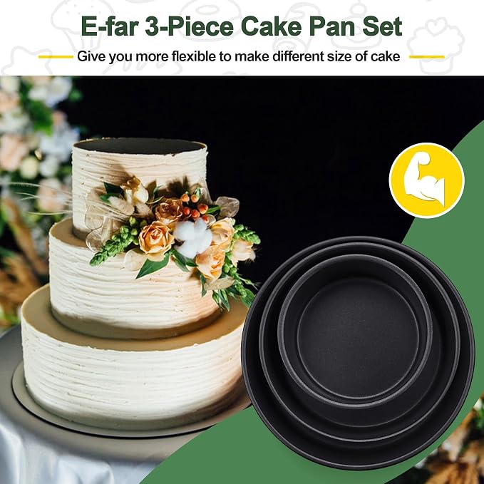 E-far Cake Pan Set of 3 (6 inch/8 inch/9½ inch), Nonstick Round Baking Cake Pans for Tier Birthday Wedding Cake, Stainless Steel Core & Non-Toxic Coating, 2 Inch Deep (Black) - Image 5