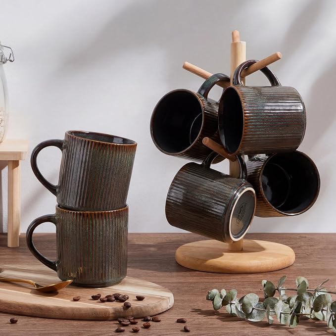 E-far 12 oz Coffee Mugs Set of 6, Stoneware Coffee Cups with Handle for Man Woman, Modern Ribbed Ceramic Tea Mugs for Latte Cocoa Milk, Microwave & Dishwasher Safe, Blackish Green - Image 7