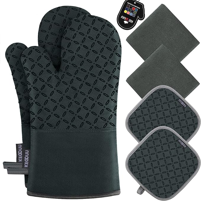 KEGOUU Oven Mitts and Pot Holders 6pcs Set, Kitchen Oven Glove High Heat Resistant 500 Degree Extra Long Oven Mitts and Potholder with Non-Slip Silicone Surface for Cooking (Deep Green) by KEGOUUOvenMitt