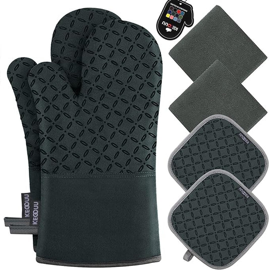 KEGOUU Oven Mitts and Pot Holders 6pcs Set, Kitchen Oven Glove High Heat Resistant 500 Degree Extra Long Oven Mitts and Potholder with Non-Slip Silicone Surface for Cooking (Deep Green) by KEGOUUOvenMitt