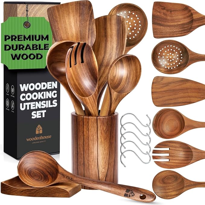 Wooden Utensil Set, 8 Pcs Teak Wooden Spoons for Cooking with Holder | Includes Spatula, Turner, Ladle, Skimmer, Spoon Rest & 6 Hooks – Sturdy, Non-Scratch, Easy to Clean by Woodenhouse