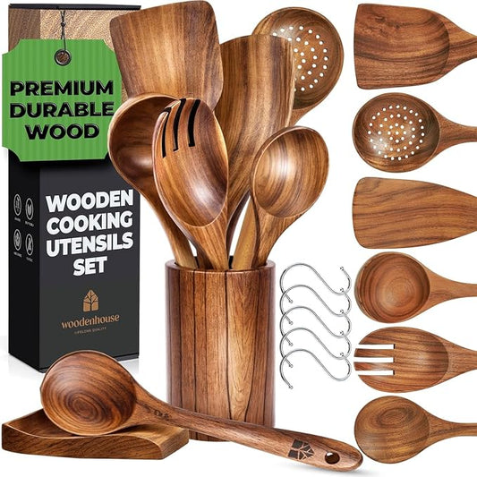 Wooden Utensil Set, 8 Pcs Teak Wooden Spoons for Cooking with Holder | Includes Spatula, Turner, Ladle, Skimmer, Spoon Rest & 6 Hooks – Sturdy, Non-Scratch, Easy to Clean by Woodenhouse