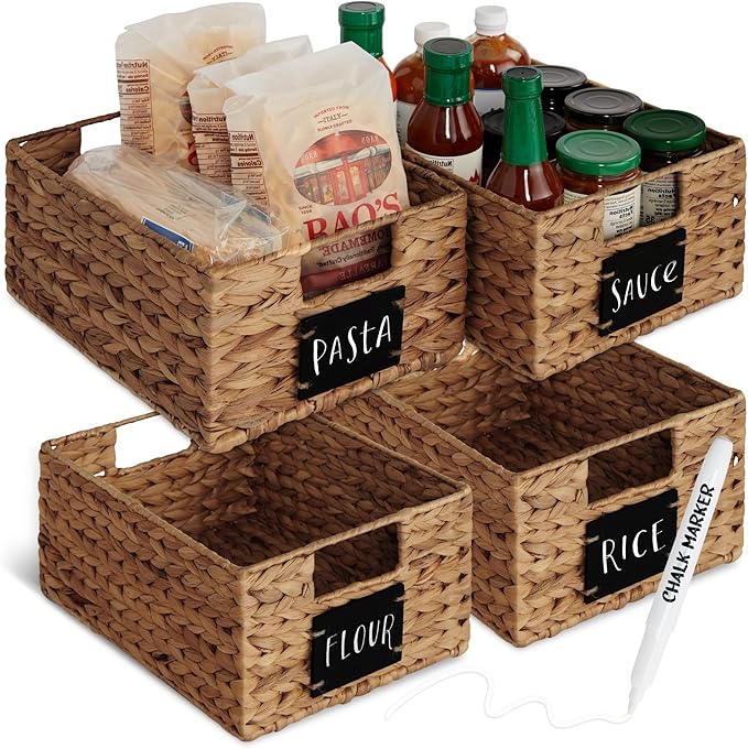 Best Choice Products Set of 4 9x12in Water Hyacinth Pantry Baskets, Woven Organizers w/Chalkboard Label, Chalk Marker - Chestnut by Unknown