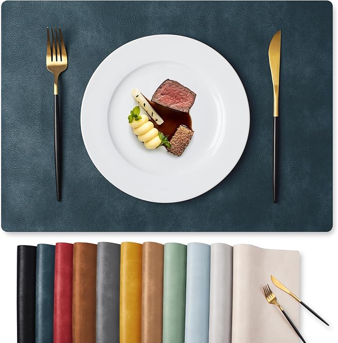 MOSAYT Vinyl Placemats Set of 6-12 X 17 Inch - Faux Leather 100% Waterproof Oil-Proof Wipeable PU Place Mats, Heat Resistant Reversible Table Mats for Kitchen, Dining, Outdoor, Navy Blue by MOSAYT
