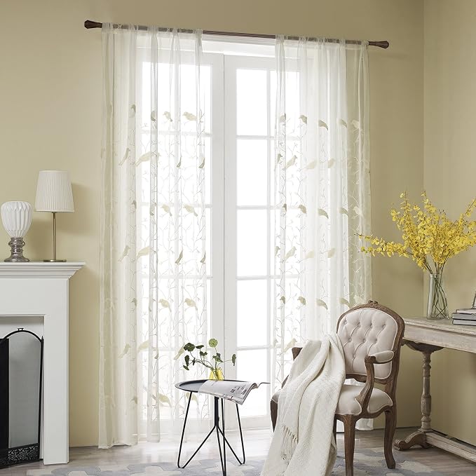 Beige Bird Embroidered Sheer Curtains, 59 x 79, 2 Panels | Country Home Style, Lightweight Voile Fabric, Filters Natural Light, for Living Room and Dining Room - Image 2