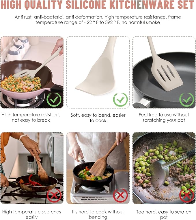 Khaki Kitchen Utensils Set-12 Pieces Silicone Cooking Utensils Set | Dishwasher Safe 392°F Heat Resistant Spatula Set Kitchen Utensil Set for Nonstick Cookware,Best Kitchen Tools with Holder - Image 3