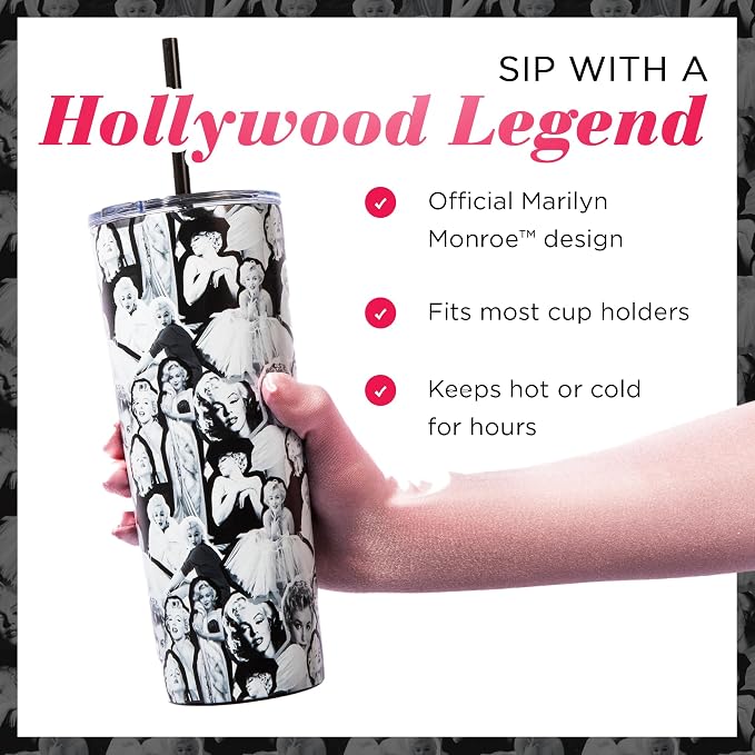 Dragon Glassware x Marilyn Monroe Tumbler with Straw & Lid, 24 oz | Vacuum Insulated Stainless Steel Tumbler with Straw & Lid; Double Walled Tumbler with Straw Charm; Marilyn Monroe Cup - Image 2