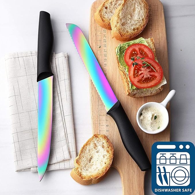 Marco Almond® Knife Block Set,14-Piece Rainbow Color Stainless Steel Knife Sets for Kitchen with block, KYA35 Chef Cooking Knives Set with Acrylic Stand | Rainbow Color Stainless Steel,Knives Set w Acrylic Stand,Razor Sharp,Anti-Rust,Ergonomic Handle,F... - Image 3