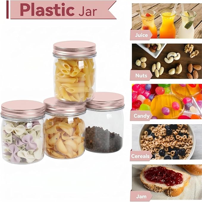 novelinks 8 oz Plastic Mason Jars and Clear Plastic Jars with Lids 8 oz | 32 Pack, Rose Gold, Plastic Containers with Lids, Small Mason Jars, Clear Jars Bulk, Spice Jars, Slime Jars, Mini Jars - Image 4
