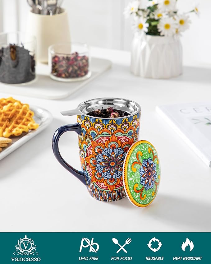 vancasso Ceramic Tea Mug with Infuser and Lid, 18 Ounce Bohemian Loose Leaf Cup, Microwave & Dishwasher Safe, Perfect for Tea, Coffee, Burnt-Cobalt Mandala - Image 3