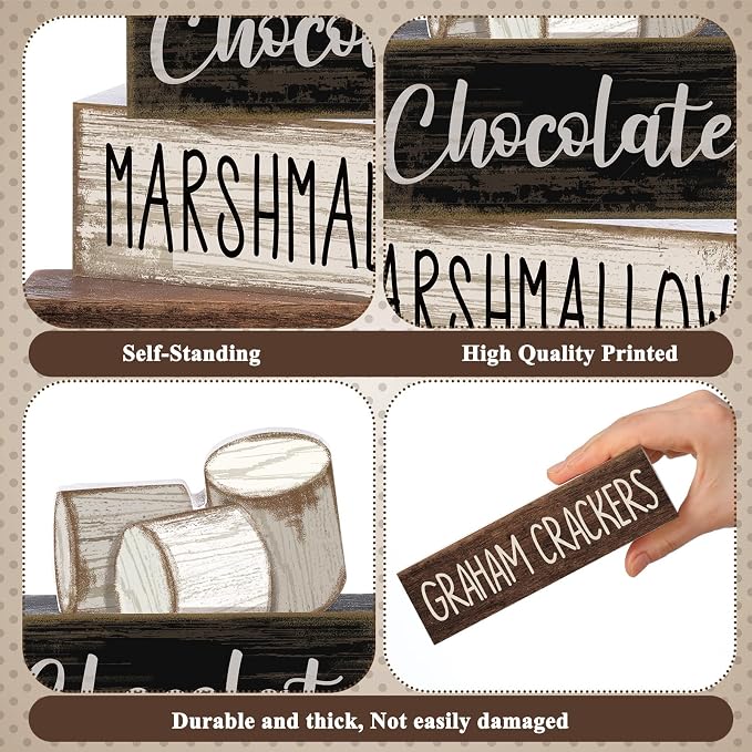 Moucuny 4 Pcs Christmas Table Decoration Wooden Marshmallow Chocolate Christmas Tiered Tray Decor Xmas Centerpiece Decorative Hot Cocoa Marshmallow Block Signs Gift Winter Decoration for Home Kitchen - Image 5