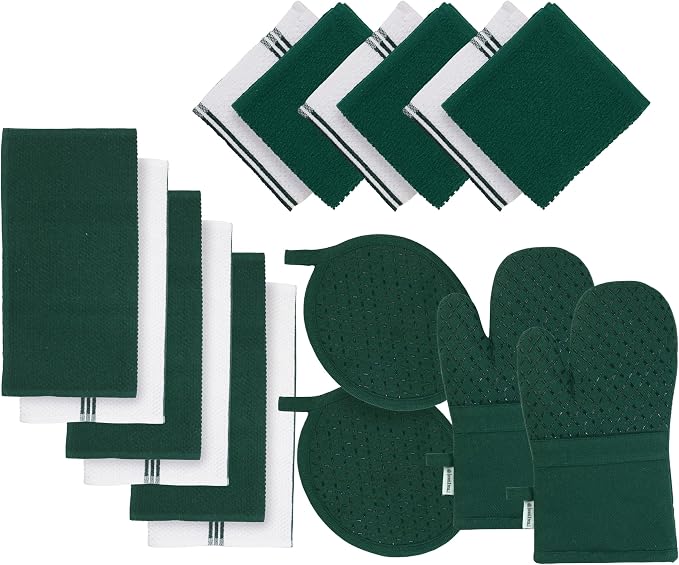 LANE LINEN Dish Towels and Dishcloths Sets - 16 Pc Kitchen Mitts and Pot Holders, 100% Cotton Kitchen Dish Rags for Washing Dishes - Green by LaneLinen