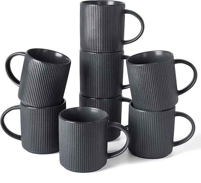 famiware Coffee Mug Set for 8, Star 16 oz Catering Mugs Cup Set with Handle for Coffee, Tea, Cocoa, Milk - Ceramic Stoneware Drinkware Set, Matte Dark Charcoal by Famiware