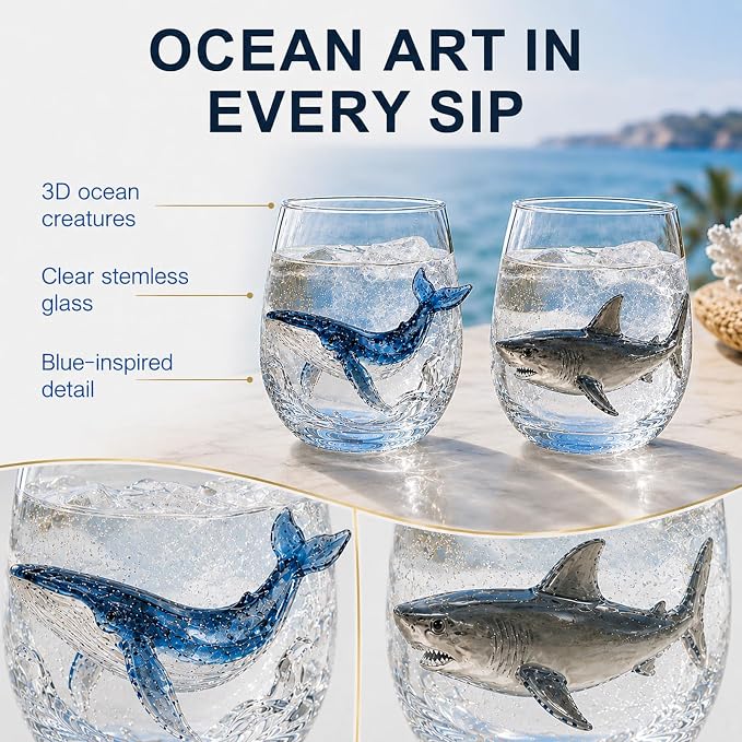 Coastal Stemless Wine Glasses Set of 4, 12oz 3D Ocean Animal Artisan Glassware Collection with Unique Sea Life Designs (K - Set of 2) - Image 2
